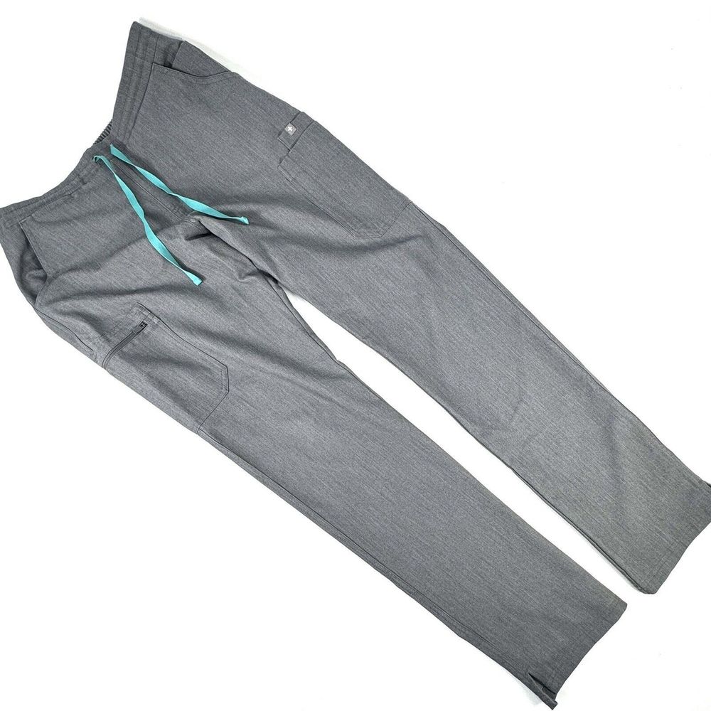 Figs Gray Straight Leg Pants with Teal Drawstring